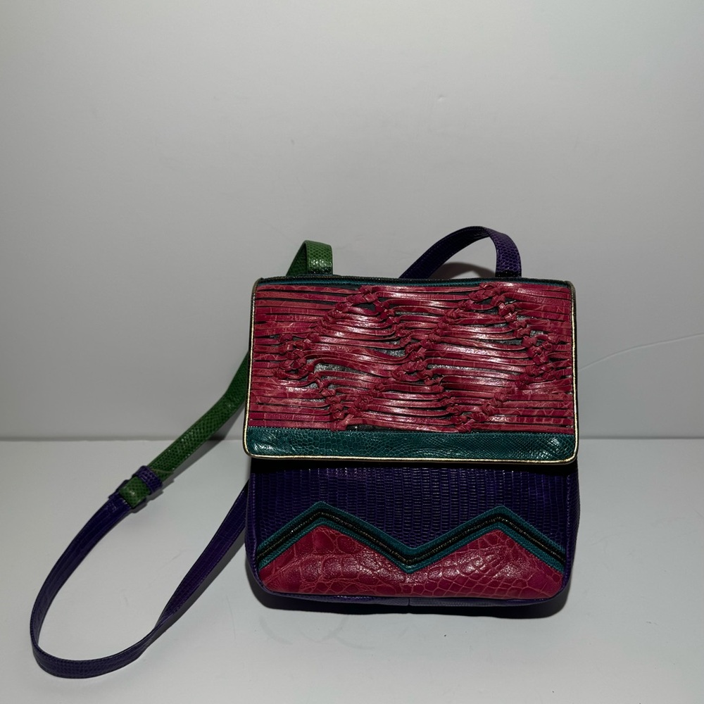 Sharif Crossbody Multicolor Genuine Exotic Animal Skin Snap Bag Woven Vintage